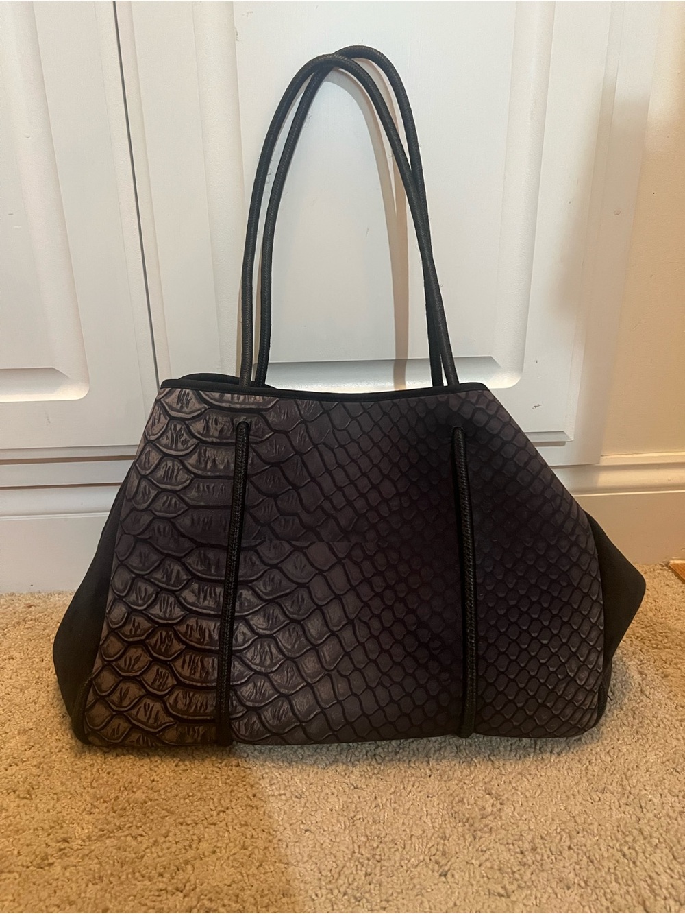Haute Shore Neoprene Tote with Snake-Scale Pattern